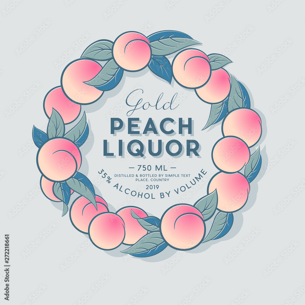 Peaches Liquor Label With Fruit Wreath Peach And Leaves In A Circle Style Packaging Design With Frame Of Peaches Stock Vector Adobe Stock