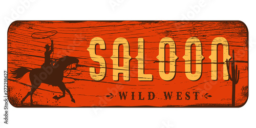 Saloon signboard, Silhouette of a cowboy riding horse at sunset on a wooden sign, vector