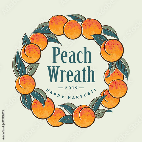 Ripe Peaches Wreath for Label. Fruit with leaves in a circle. Drawing, illustration of a frame of fruit.