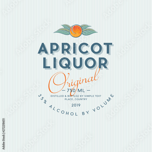 Liquor Label with Ripe Apricot and Letters. Fruit with leaves. 