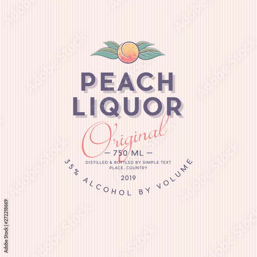 Liquor Label with Ripe Peach and Letters. Fruit with leaves in a circle. Style Packaging Design with Frame of Apricots.