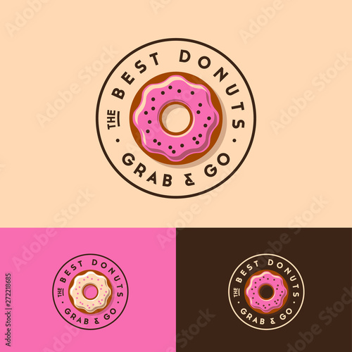 The Best Donuts logo. Bakery and donuts cafe emblem. Donut with pink icing and small candies. Identity.
