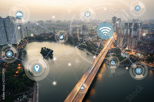 Smart city and wireless communication network concept. Digital network connection lines of Hanoi city, Vietnam