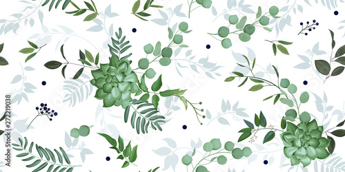Seamless pattern with elegant greenery and succulent,watercolor effect