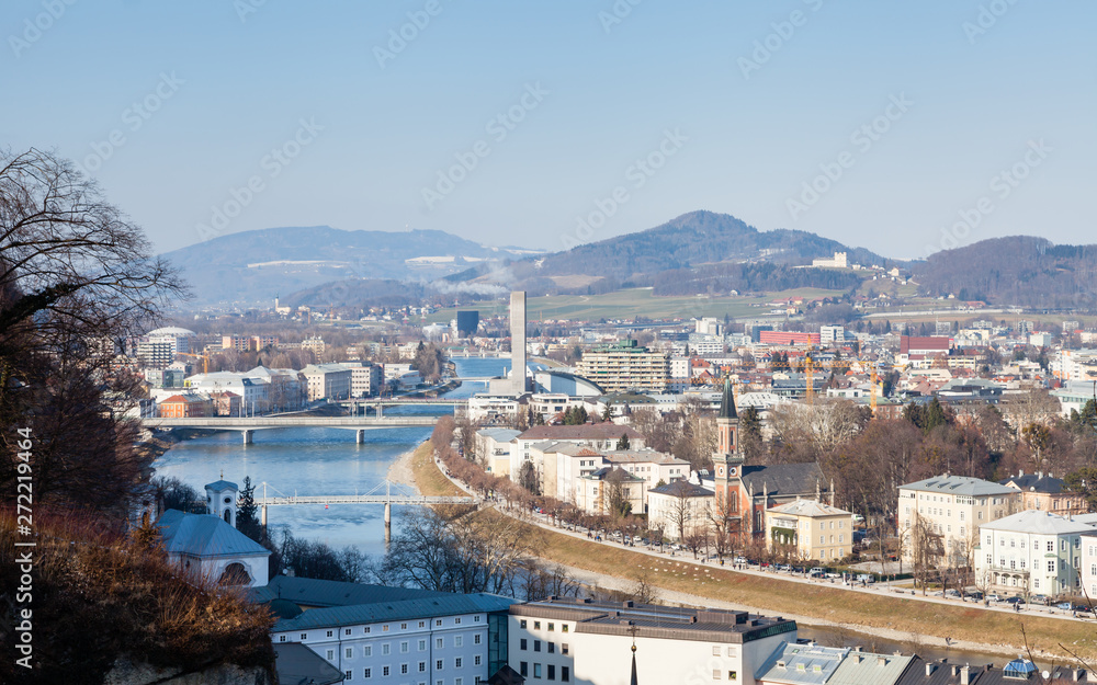 Salzburg New Town.  The view across the Salzach River towards Salzburg New Town in Austria.