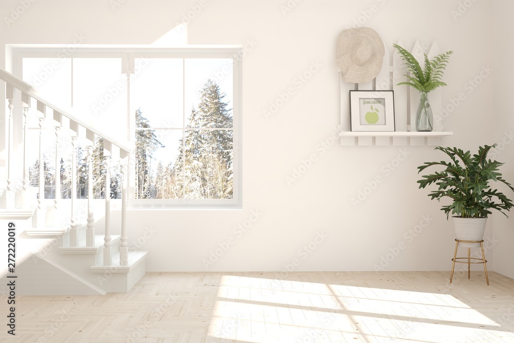 Fototapeta premium Mock up of empty room in white color with winter landscape in window. Scandinavian interior design. 3D illustration
