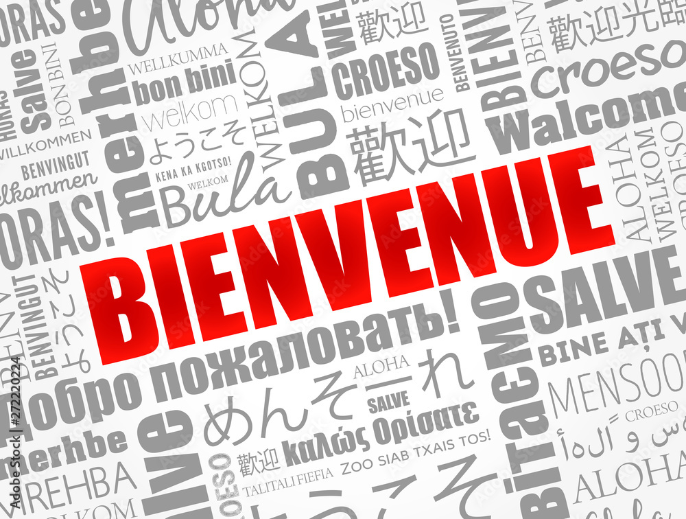 Bienvenue (Welcome in French) word cloud in different languages, conceptual background Bienvenue (Welcome in French) word cloud in different languages, conceptual background