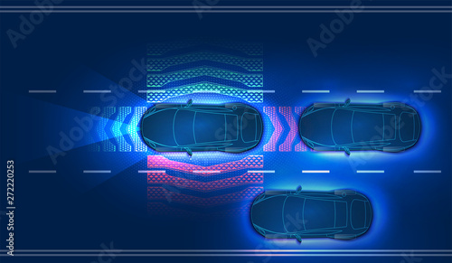 Automatic braking system avoid car crash from car accident. Concept for driver assistance systems. Autonomous car. Driverless car. Self driving vehicle. Future concepts smart auto. HUD hologram Vector photo