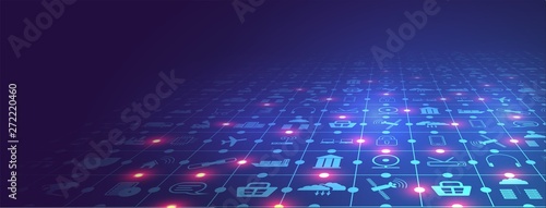 Internet of things (IoT) and networking concept for connected devices. Spider web of network connections with on a futuristic blue background. Wireless connections of information technology. Vector