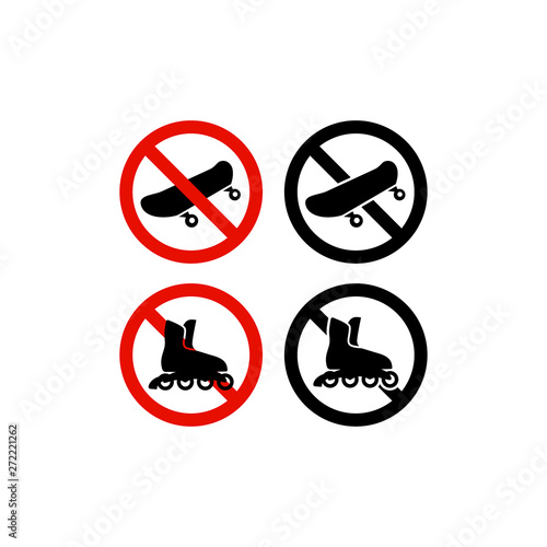 No roller skating and skateboarding red prohibition sign set. Skateboards and roller skates not allowed circle vector icon set. 