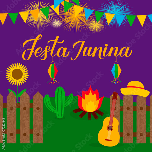 Festa Junina calligraphy lettering with paper lanterns, firawarks, cactus and guitar. Brazilian June Festival Festa de Sao Joao. Easy to edit template for typography poster, banner, invitation, flyer.