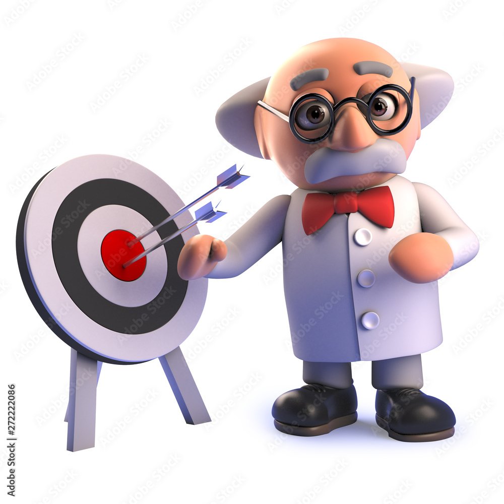Cartoon 3d mad scientist professor standing by a target with arrows in it