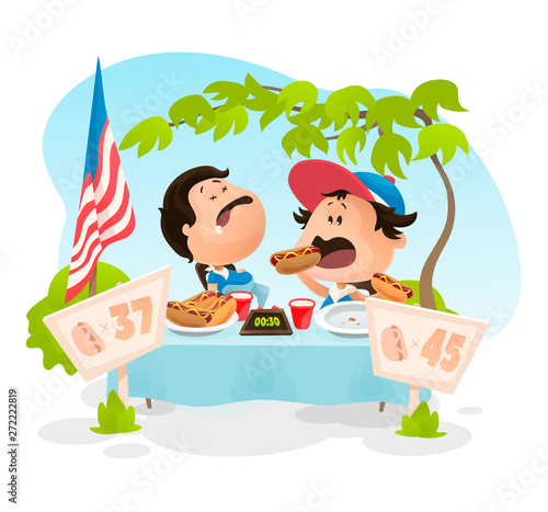 Hotdog eating competition. Vector illustration in flat cartoon style
