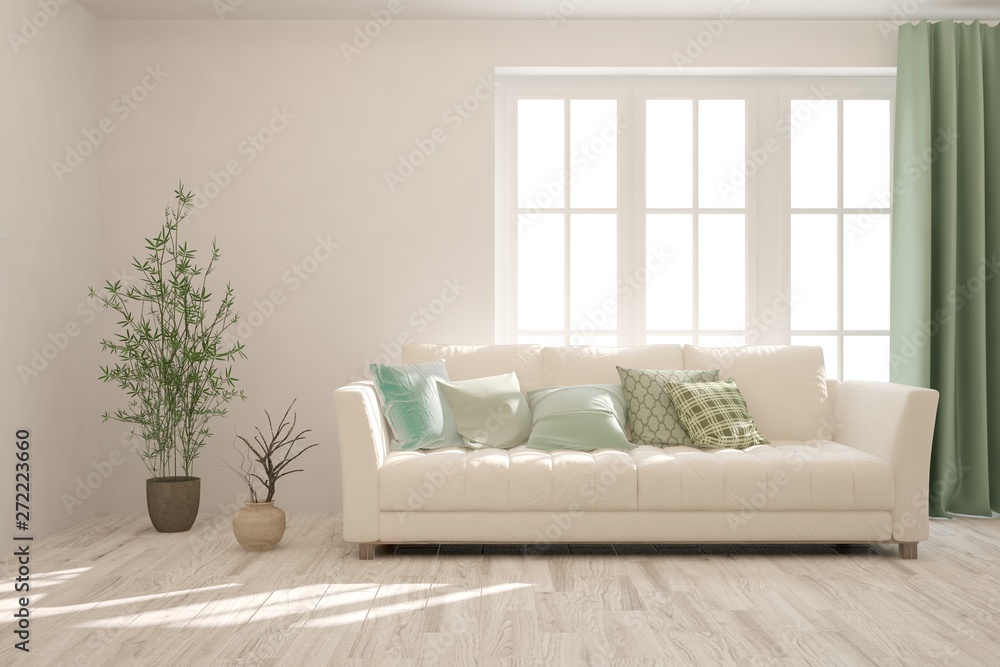 Fototapeta premium Stylish room in white color with sofa. Scandinavian interior design. 3D illustration