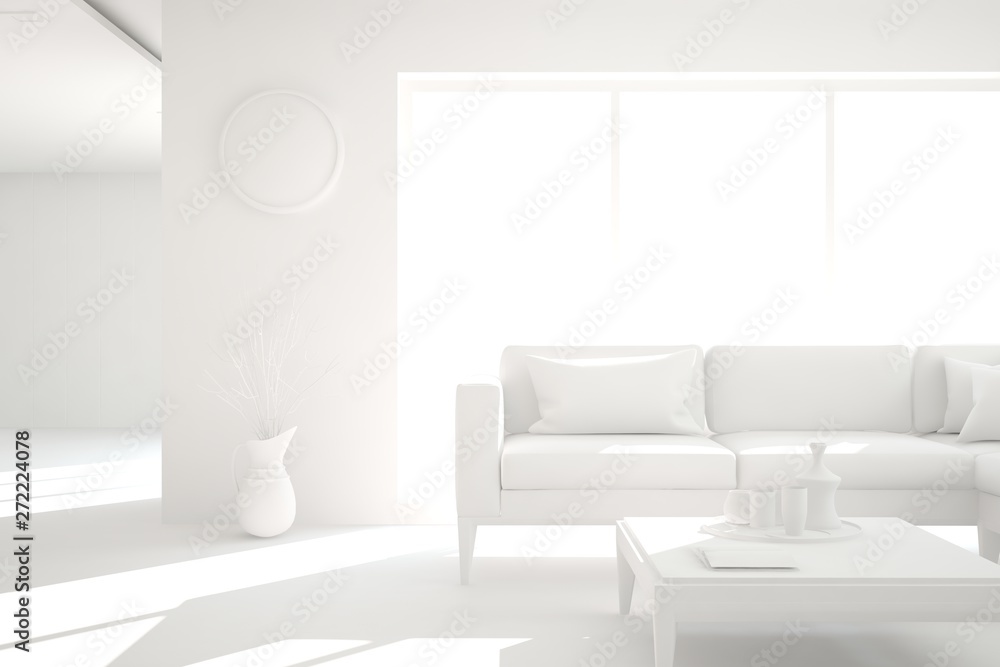 Mock up of stylish room in white color with sofa. Scandinavian interior design. 3D illustration Mock up of stylish room in white color with sofa. Scandinavian interior design. 3D illustration