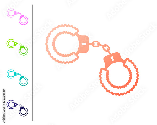 Coral Sexy fluffy handcuffs icon isolated on white background. Handcuffs with fur. Fetish accessory. Sex shop stuff for sadist and masochist. Set color icons. Vector Illustration