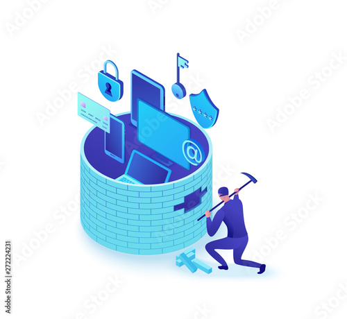 Firewall attack, hacker breaking wall to steal data, fallen bricks, information protection concept, cyber crime, computer safety and security