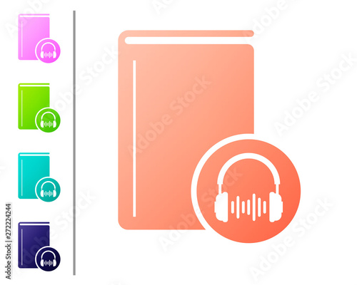 Coral Audio book icon isolated on white background. Book with headphones. Audio guide sign. Online learning concept. Set color icons. Vector Illustration
