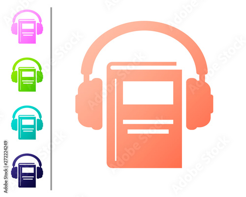 Coral Audio book icon isolated on white background. Book with headphones. Audio guide sign. Online learning concept. Set color icons. Vector Illustration