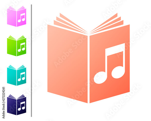 Coral Audio book icon isolated on white background. Musical note with book. Audio guide sign. Online learning concept. Set color icons. Vector Illustration