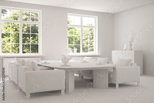 White dinner room. Scandinavian interior design. 3D illustration