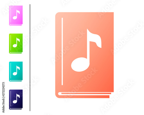 Coral Audio book icon isolated on white background. Musical note with book. Audio guide sign. Online learning concept. Set color icons. Vector Illustration