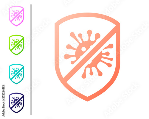 Coral Stop virus, bacteria, germs and microbe icon isolated on white background. Antibacterial and antiviral defence, protection infection. Set color icons. Vector Illustration