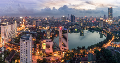 Hanoi city by twilight period, with Giang Vo lake, Ba Dinh district. Aerial skyline view.