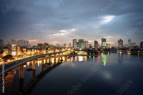 Aerial skyline view of Hanoi. Hanoi cityscape at twilight at Hoang Cau lake