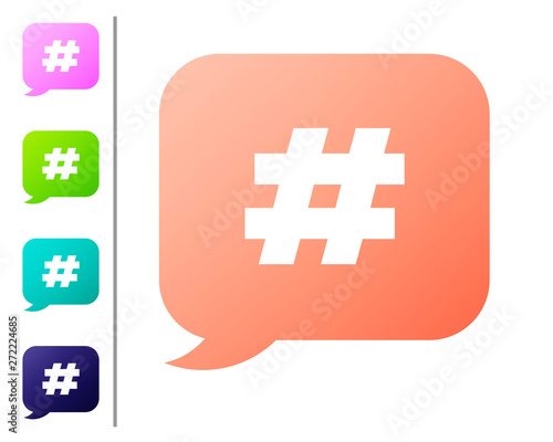 Coral Hashtag speech bubble icon isolated on white background. Concept of number sign, social media marketing, micro blogging. Set color icons. Vector Illustration