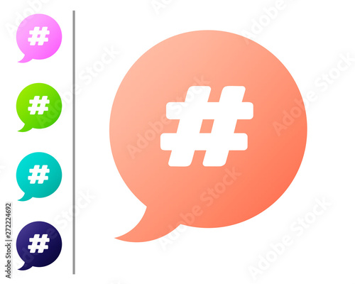 Coral Hashtag speech bubble icon isolated on white background. Concept of number sign, social media marketing, micro blogging. Set color icons. Vector Illustration