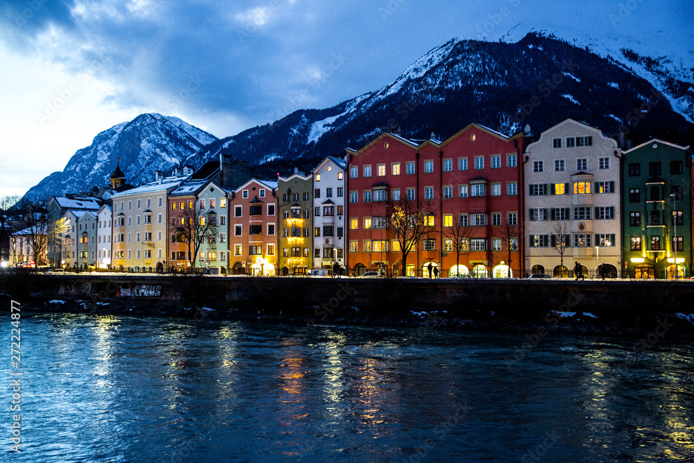 Beautiful Innsbruck cityscape panorama in the evening, winter, Christmas time.