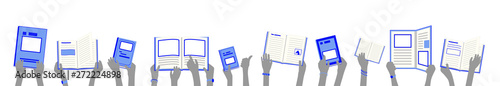 Banner of school children hold and read blue library books in hands