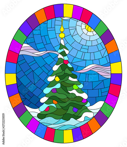 Illustration in stained glass style with a Christmas tree on a background of snow and sky, oval illustration in bright frame