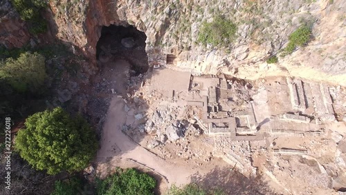 Top aerial view of Cave of Banias and ancient ruins. Golan. Israel. DJI-0015-01 photo