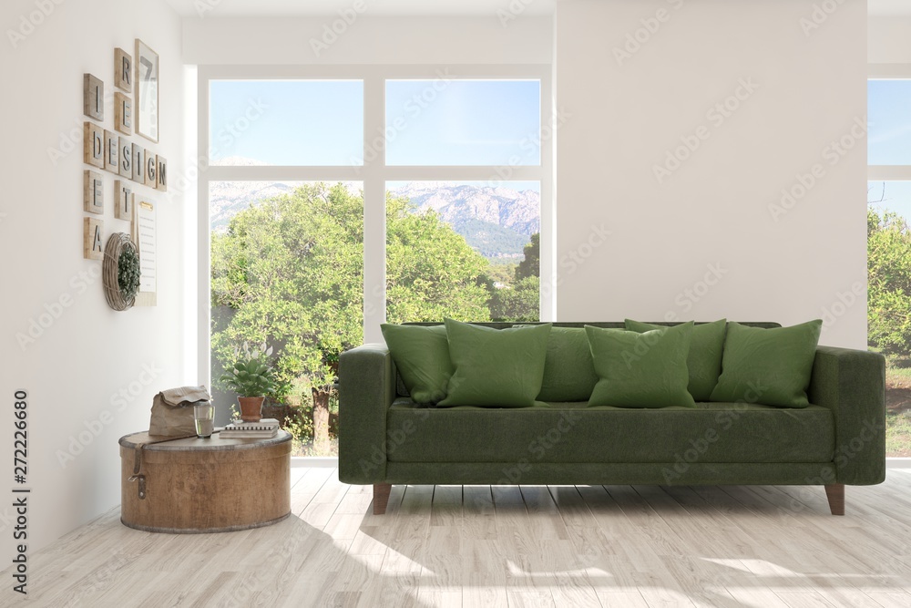 Obraz premium Stylish room in white color with sofa and summer landscape in window. Scandinavian interior design. 3D illustration
