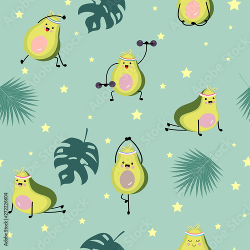 Green avocado seamless pattern with leaf and star.Avocado exercise vector illustration for background,wallpaper,frabic