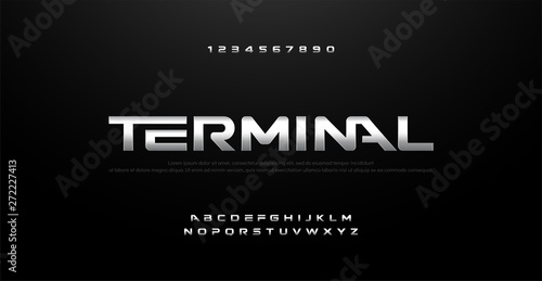 Movie Silver Metal Chrome Alphabet Font. Typography modern sport style fonts set for cinema, poster, logo. vector illustration