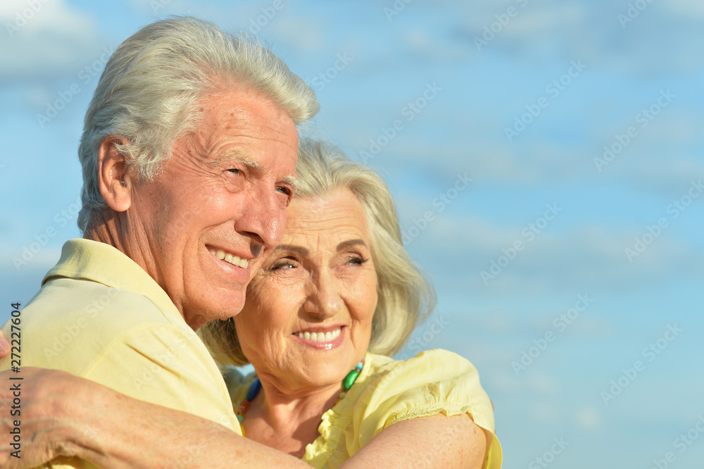 Beautiful senior couple posing and hugging in the park Beautiful senior couple posing and hugging in the park