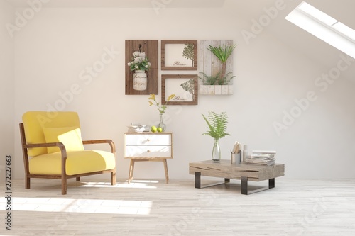 Stylish room in white color with armchair. Scandinavian interior design. 3D illustration