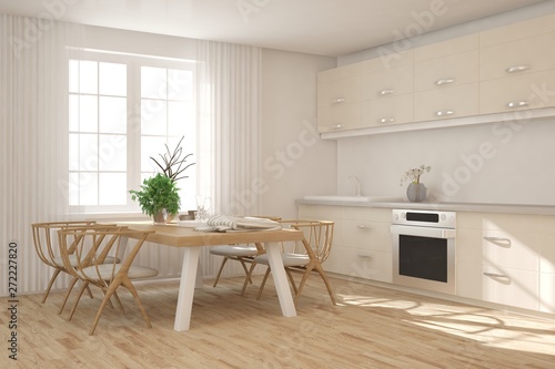 White dinner room. Scandinavian interior design. 3D illustration