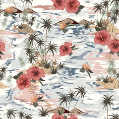 Papier peint photo Paysage patrons Île tropicale hibiscus palmiers vintage  © MSNTY_STUDIOX
