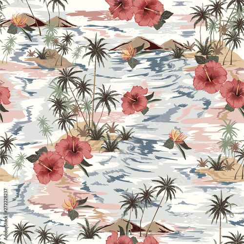 Vintage Beautiful seamless island pattern Landscape with palm treeshibicus,flowers,beach and ocean vector hand drawn style