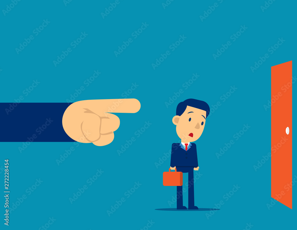 Being Fired. Manager finger showing the exit door. Concept business fired vector illustration, Kid flat cartoon business character design.
