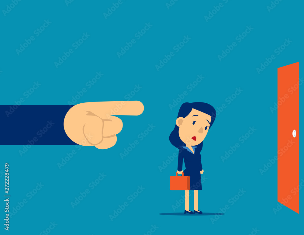 Being Fired. Manager finger showing the exit door. Concept business fired vector illustration, Kid flat cartoon business character design. Being Fired. Manager finger showing the exit door. Concept business fired vector illustration, Kid flat cartoon business character design.