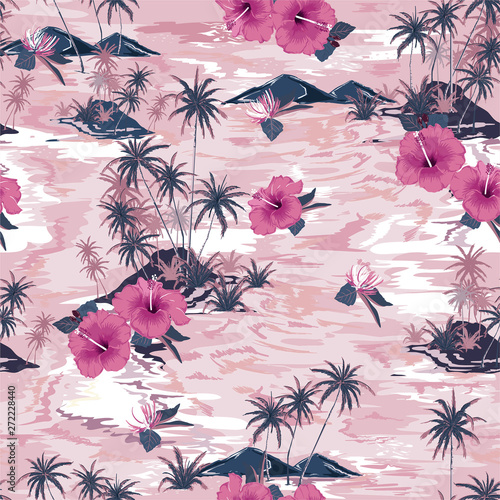 Monotone vintage pink of beautiful island summer paradise with blooming hibiscus flowers,palm tree and exotic plants design for all prints