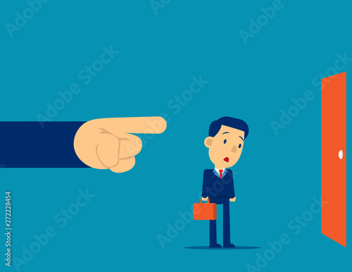 Being Fired. Manager finger showing the exit door. Concept business fired vector illustration, Kid flat cartoon business character design.