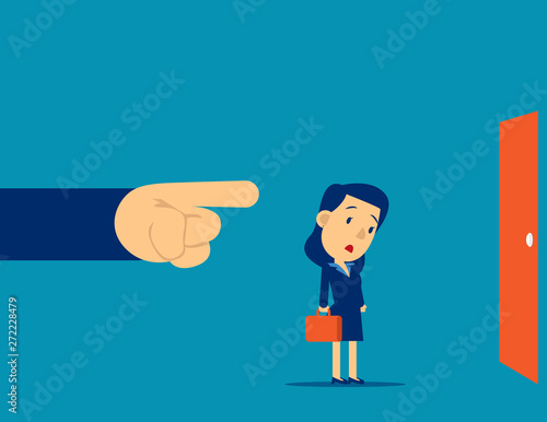 Being Fired. Manager finger showing the exit door. Concept business fired vector illustration, Kid flat cartoon business character design.