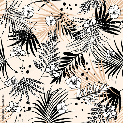 Seamless tropical floral pattern with flower and houndstooth fill-in leaves. Vector black and white illustration
