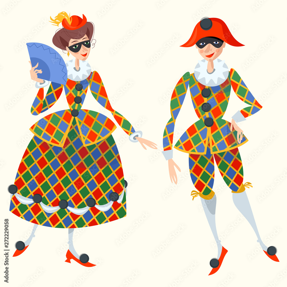 Vettoriale Stock Harlequin and Columbina. Characters of Italian commedia  dell'arte.. | Adobe Stock